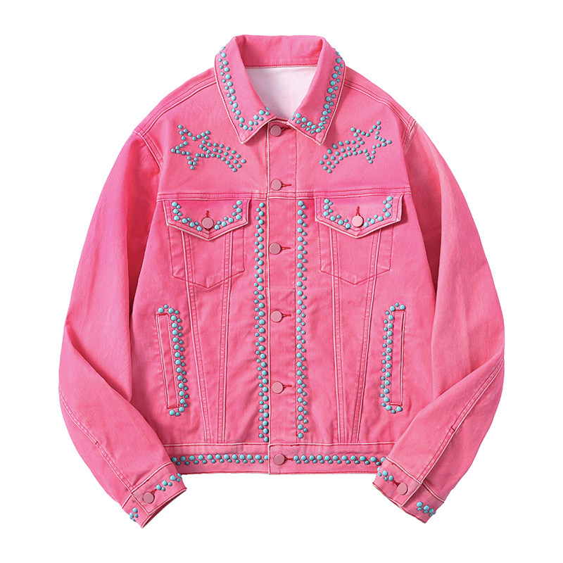 宇犀原创粉色钉珠男女款牛仔外套