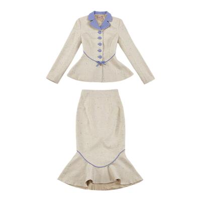 原创复古收腰毛呢外套鱼尾裙