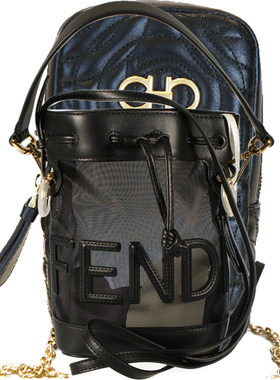 FENDI/芬迪女士黑色字母图案网眼迷你单肩斜跨水桶包8BS010