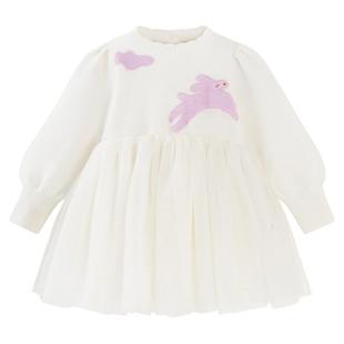 迷你巴拉巴拉女童连衣裙2024秋冬新款儿童亲肤纯棉拼接甜美泡泡袖