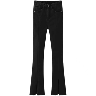 黑色开叉直筒牛仔裤女秋冬加绒大码显瘦胖mm弹力小个子九分烟管裤