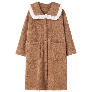 妮狄娅睡衣睡袍女冬季珊瑚绒简约宽松大码翻领保暖加厚长款家居服