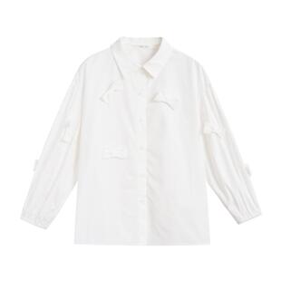 紫涵翻领蝴蝶结衬衫女秋季新款休闲宽松显瘦七分袖纯棉衬衣上衣