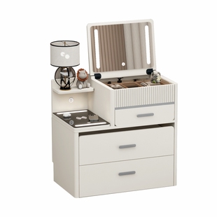 实木梳妆台床头柜一体小型迷你可翻盖组合现代简约奶油风化妆桌子