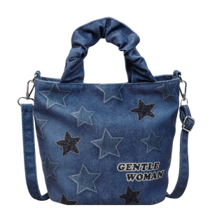 带拉链水桶包包女手提斜挎包小众设计感星星图案牛仔拼接小托特包
