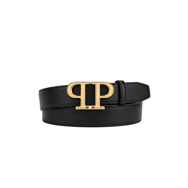 PHILIPP PLEIN 男士经典PP造型简约纯色牛皮腰带商务休闲装饰皮带