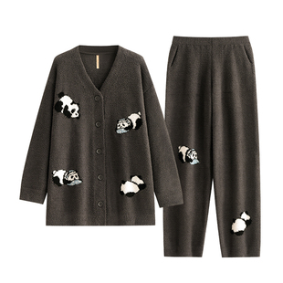 家乐芬睡衣女秋冬季半边绒家居服软绵绵熊猫加绒加厚保暖开衫套装