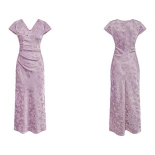 贰羊设计【百蝶图】国风新中式紫色缎面改良旗袍长裙v领连衣裙女