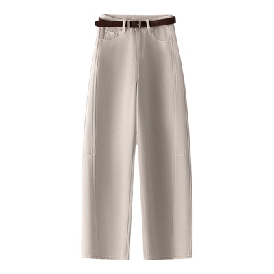 奶茶色加绒阔腿牛仔裤女2025秋冬