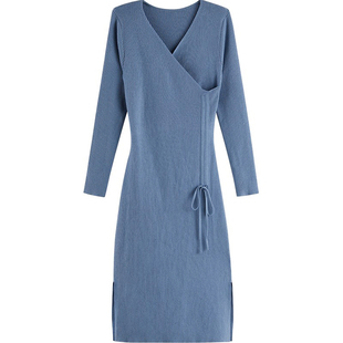 BELLYWEAR孕妇春秋装连衣裙时尚气质V领裙摆开叉可调节抽绳孕妇裙