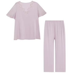 爱慕25夏丝润睡衣女薄款含桑蚕丝套头短袖长裤家居套装AM46A842