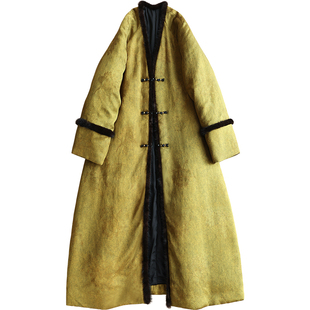 云澍花罗香云纱新中式国风复古盘扣真丝水貂毛领长款棉服外套女冬