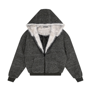 y2k亚比座山雕外套女冬季条纹毛领加厚连帽卫衣情侣宽松重磅上衣