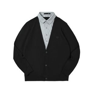 HLA/海澜之家包芯纱针织衫25秋季新双领假两件撞色刺绣保暖毛衣男