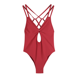 walkingChic新款红色连体泳衣显瘦遮肚三角绑带性感聚拢度假泳装