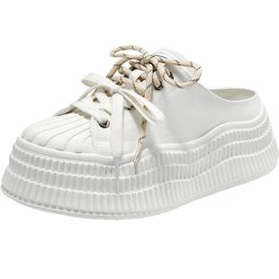 百丽女鞋厚底贝壳头透气小白鞋子女夏季新款半拖包头凉拖B2549BH5