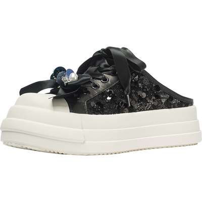 CDF女鞋2025夏季新款休闲百搭凉拖小白鞋厚底透气亮片包头半拖鞋