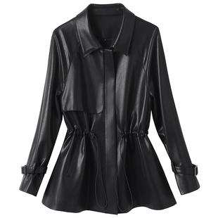 欧货新款真皮皮衣女中长款抽绳收腰绵羊皮风衣宽松显瘦皮夹克外套