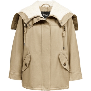 ONLY羊羔毛拼接翻领帽子拉链设计宽松派克棉服外套女