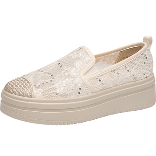 ZHR渔夫鞋女2025新款夏季网面厚底懒人一脚蹬凉鞋蕾丝增高乐福鞋