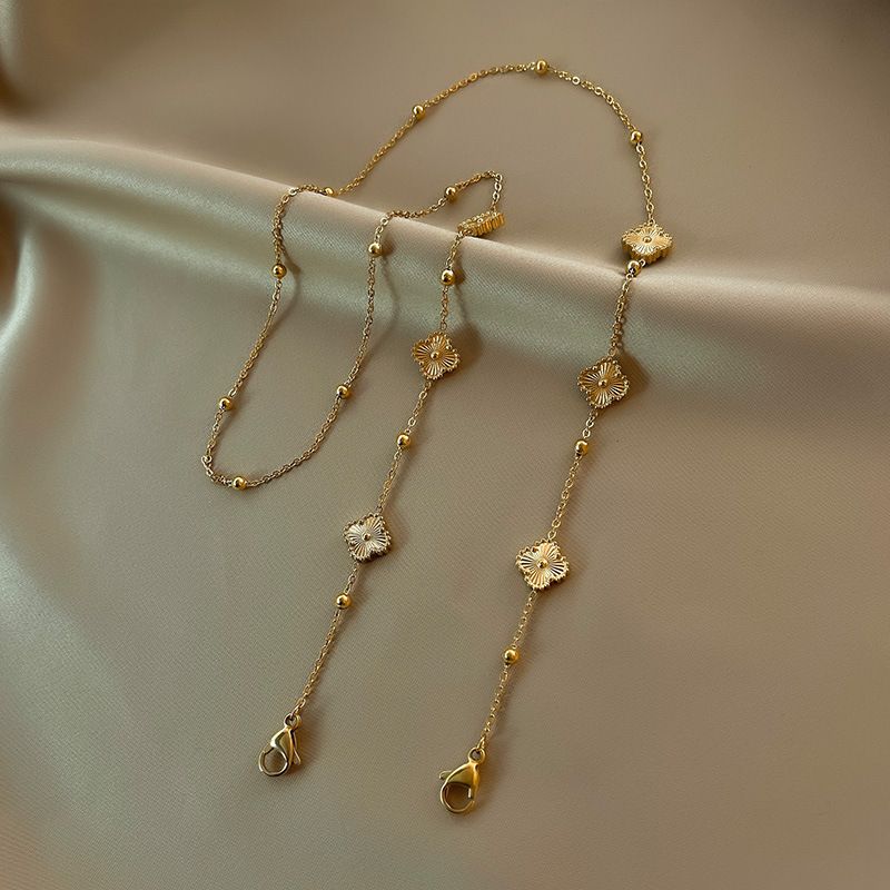 新品 金色四叶草口罩眼镜链防丢挂绳时尚金属链钛钢女潮挂脖气质