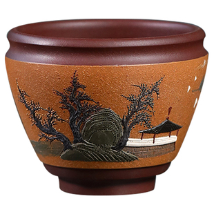 宜兴正宗紫砂杯主人小口杯高端堆绘粉浆原矿功夫泡茶茶具山河表里