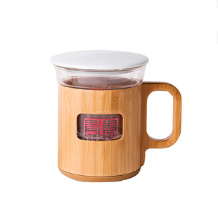 祥福茶具 办公室玻璃杯竹制陶瓷花草茶具带盖三件杯创意泡茶水杯
