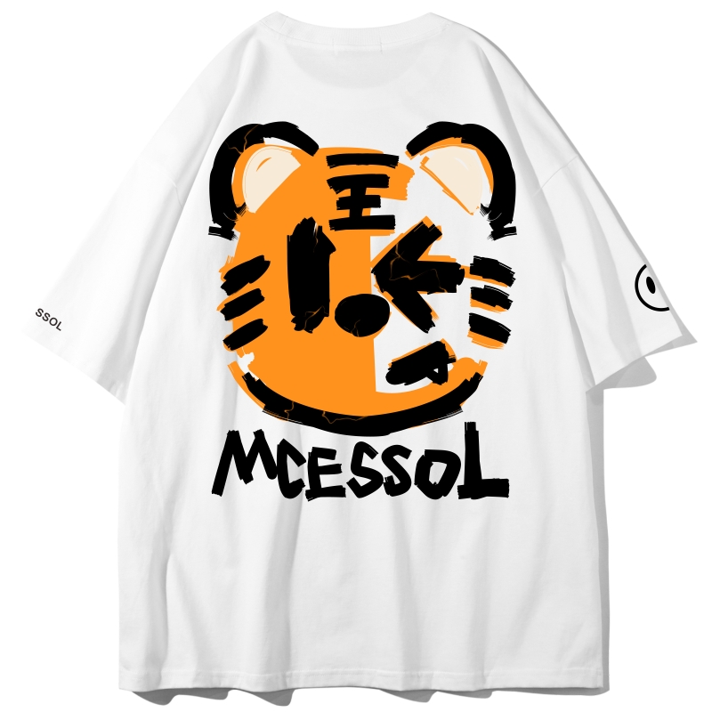 Mcessol老虎圖案印花圓領(lǐng)短袖T恤男原創(chuàng)潮牌夏季學(xué)生情侶寬松體恤