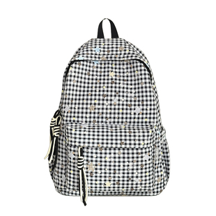 黑色书包ins小众格纹女生初中生2025新款高颜值大容量轻便双肩包
