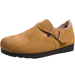 沙色真皮全包加绒毛毛鞋外穿冬毛绒勃肯鞋女厚底及踝靴女款保暖鞋