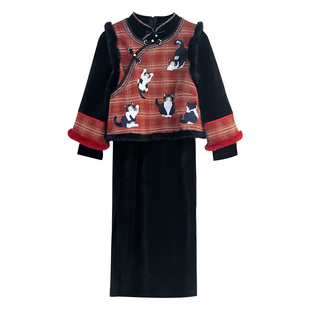 【自制款】加绒版~刺绣小猫咪马甲+黑色显瘦旗袍裙大码胖mm冬季女