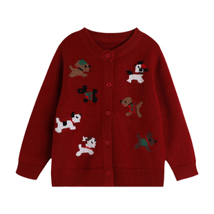 沫沫童装冬装女童拜年针织开衫2025新款儿童加厚毛衣红色新年衣服