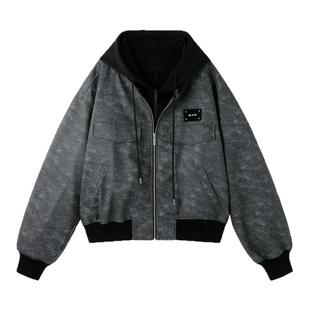 BJHG不计后果贴贴美式夹克外套男款冬季新款假两件连帽复古皮衣女