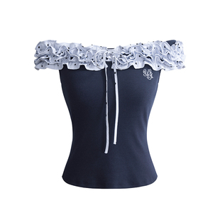 UNIFREEPLUS【重工花边·“甜栀子”Tee】大码短袖T恤女露肩上衣