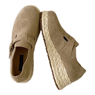 复古圆头头层牛皮松糕厚底勃肯鞋女春秋坡跟编织草编底真皮单鞋女