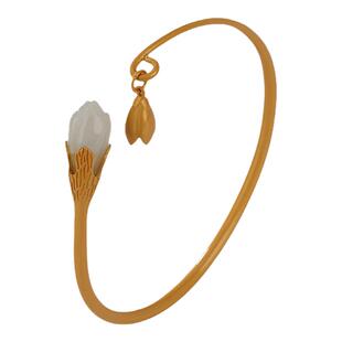 入梦S990足纯银和田玉兰花手镯子复古民族风镀金开口手环饰礼品女