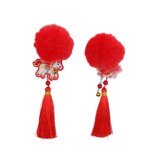 新年发饰女童大号红色毛球锦鲤流苏发夹儿童过年马年喜庆头饰夹子