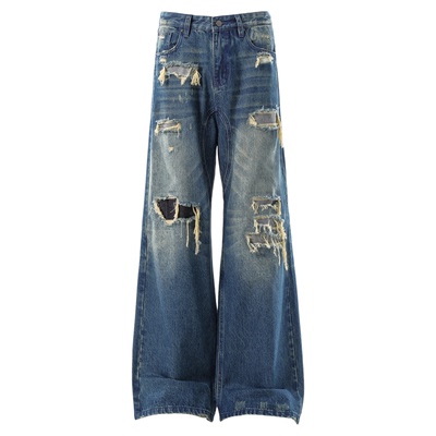 HY711水洗破坏补丁廓形牛仔裤