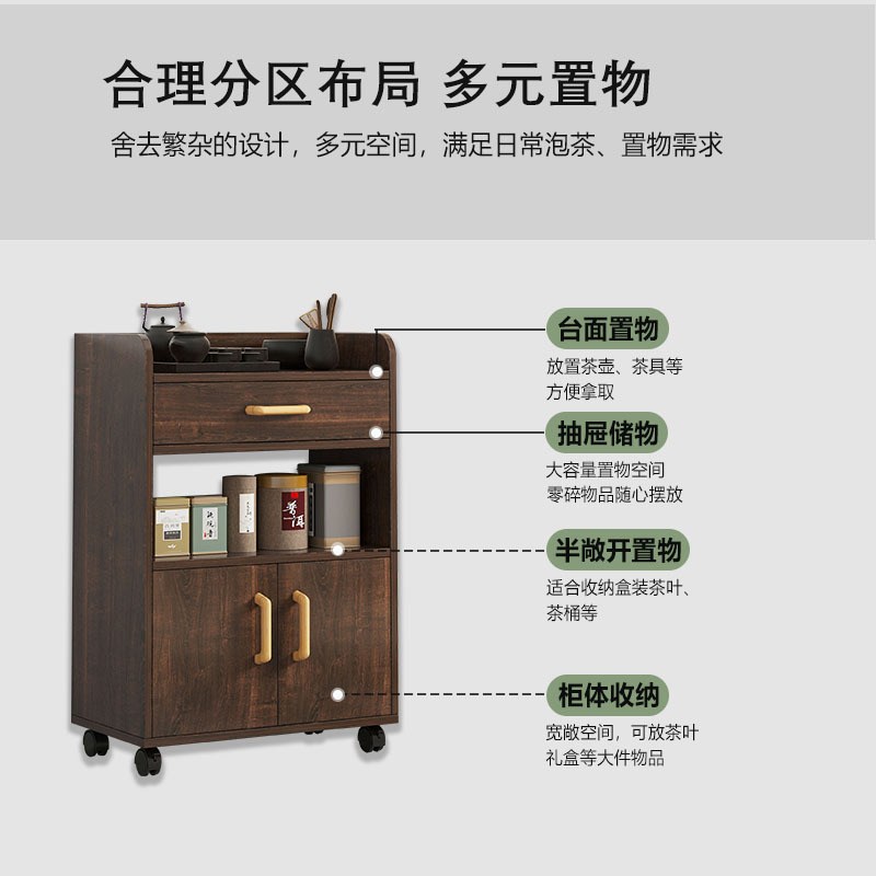茶水柜带滑轮置物架茶台边储物柜收纳茶叶多功能边柜客厅餐靠墙柜