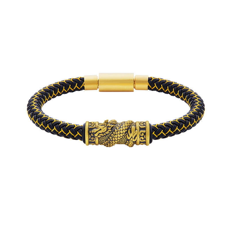 足金盘龙柱黄金手链男士生肖龙转运珠情侣款女款红绳硬金男款手环