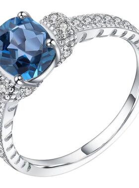 轻奢天然伦敦蓝托帕石戒指时尚高级感气质925银镶嵌天然宝石戒指