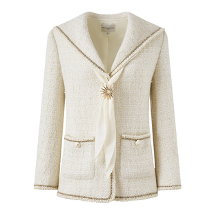 DIANAVEVINA2026春季新款小香风粗花呢女海军领系带中长修身外套