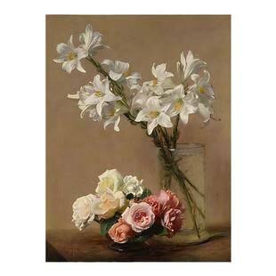 数字油画diy客厅欧式大幅复古高级花卉手工手绘名画白百合与玫瑰