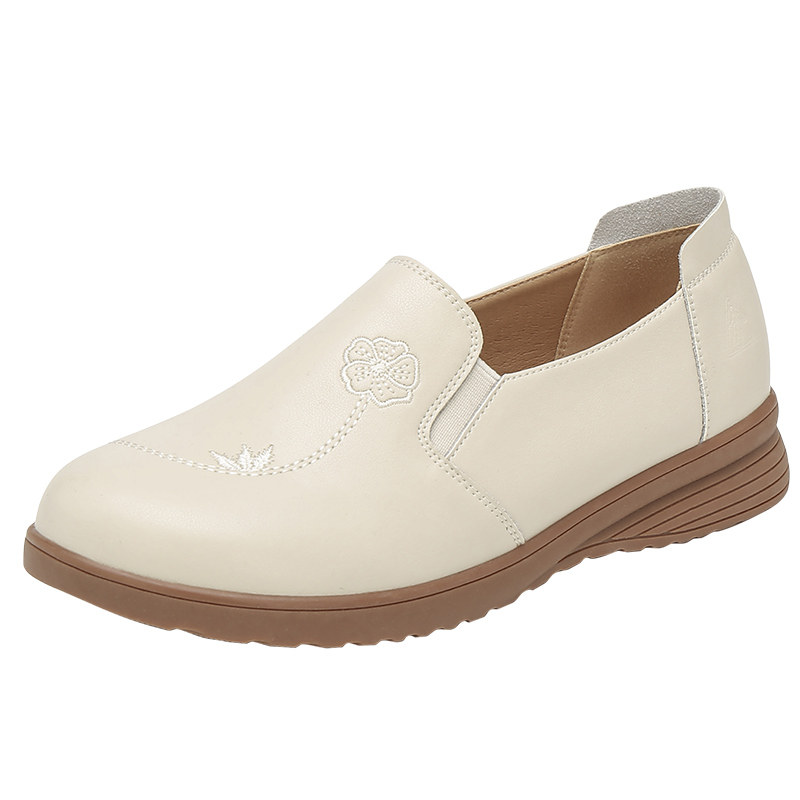 足力健老人鞋旗舰店女妈妈鞋舒适不累脚软底一脚蹬春小皮鞋乐福鞋