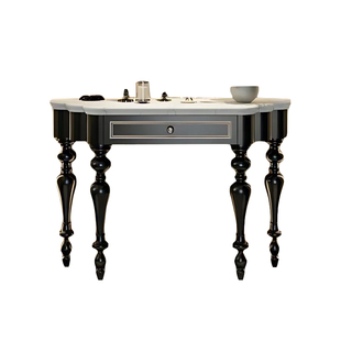 法式复古黑色玄关柜南洋风轻奢实木靠墙入户半圆门厅玄关桌大理石