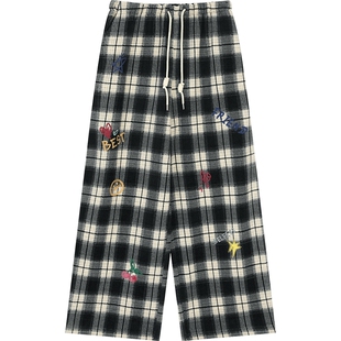 妖精的口袋涂鸦格子休闲裤女2025年秋冬新款慵懒风宽松阔腿裤子