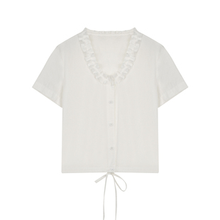BLUEerror 立体花边领纯棉白色短袖衬衫女短款绑带衬衣夏季上衣