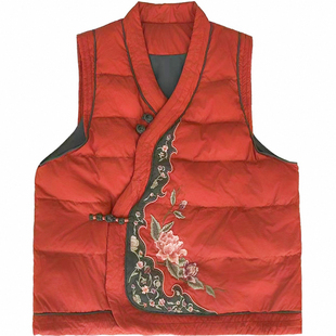 新中式复古国风刺绣V领马甲女盘扣保暖羽绒背心红色上衣内外两穿