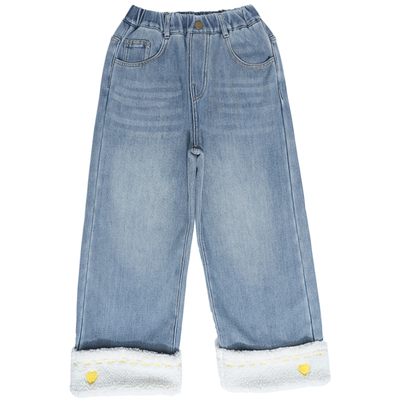 女童加绒花边牛仔裤秋冬款裤子