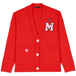 Maje Outlets秋冬女装休闲通勤针织提花红色宽松V领针织开衫上衣